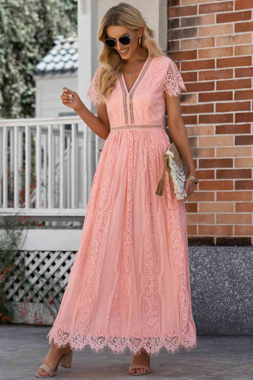 Scalloped Trim Lace Plunge Dress - Image 10