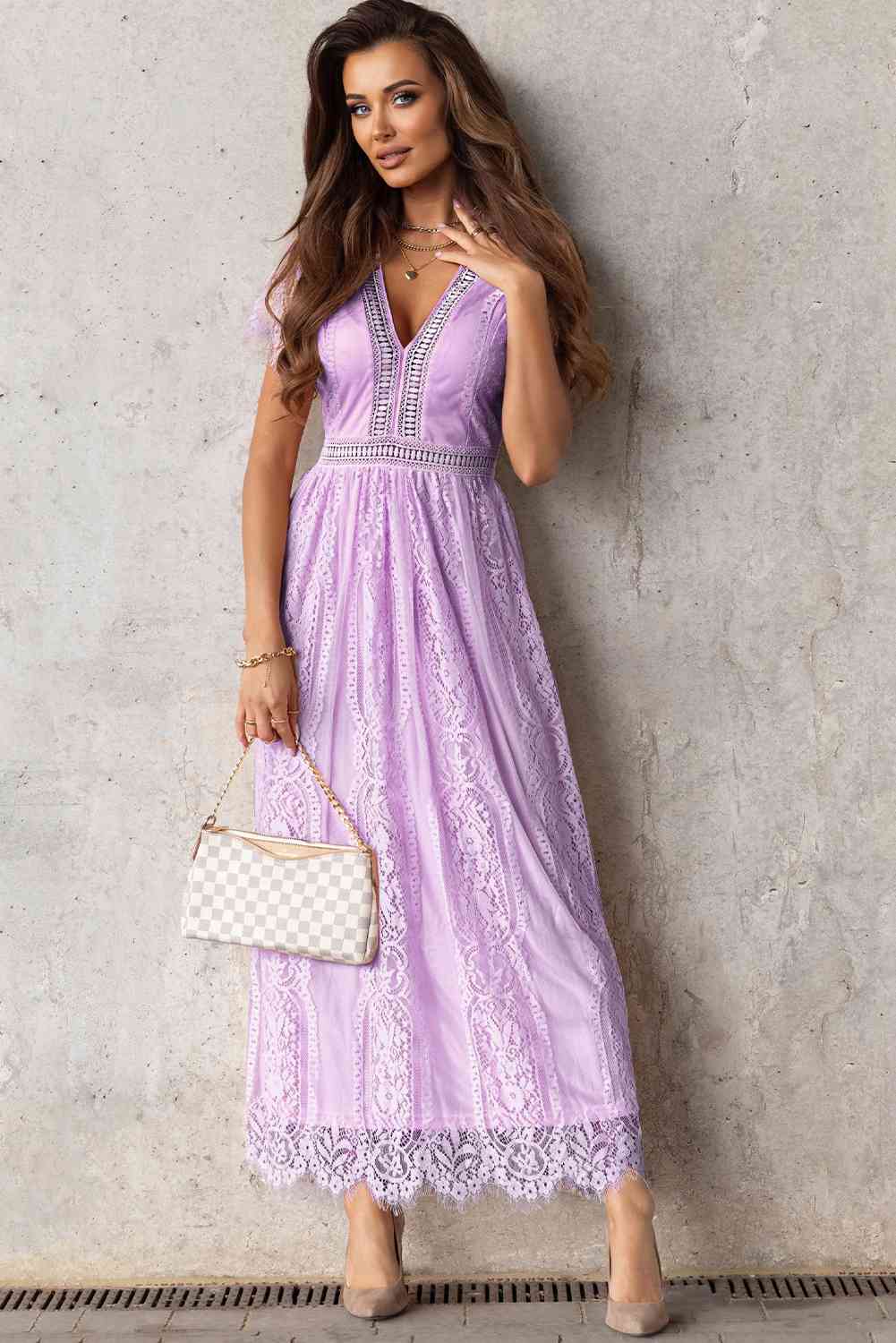 Scalloped Trim Lace Plunge Dress - Image 13