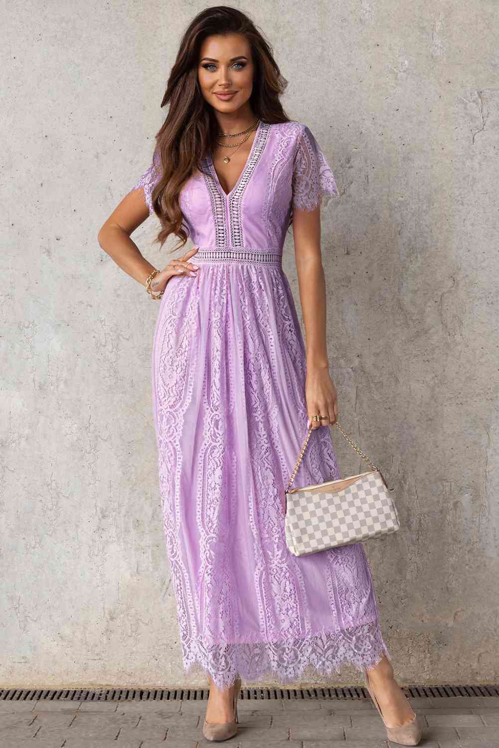 Scalloped Trim Lace Plunge Dress - Image 14