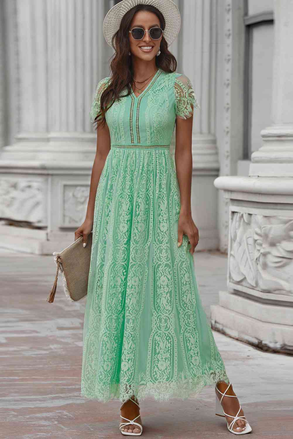 Scalloped Trim Lace Plunge Dress - Image 16