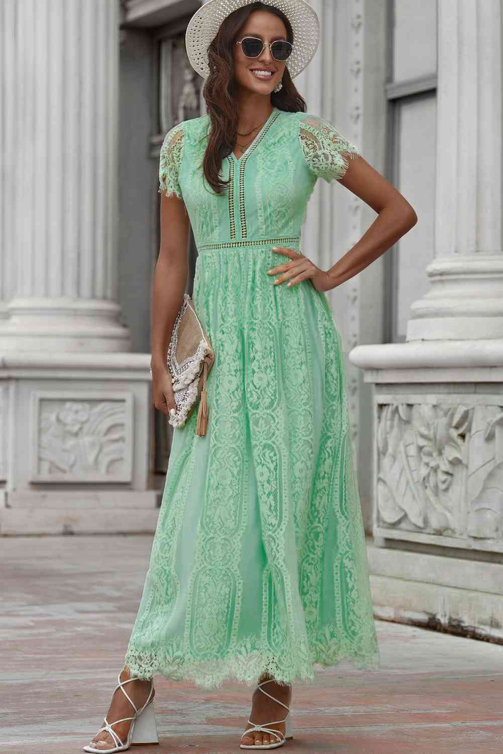 Scalloped Trim Lace Plunge Dress - Image 17