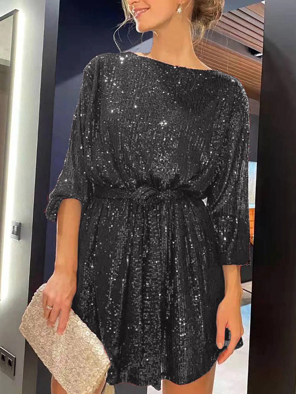 Nude Beige Sequin Tie Waist Long Sleeve Mini Party Club Dress - Image 11