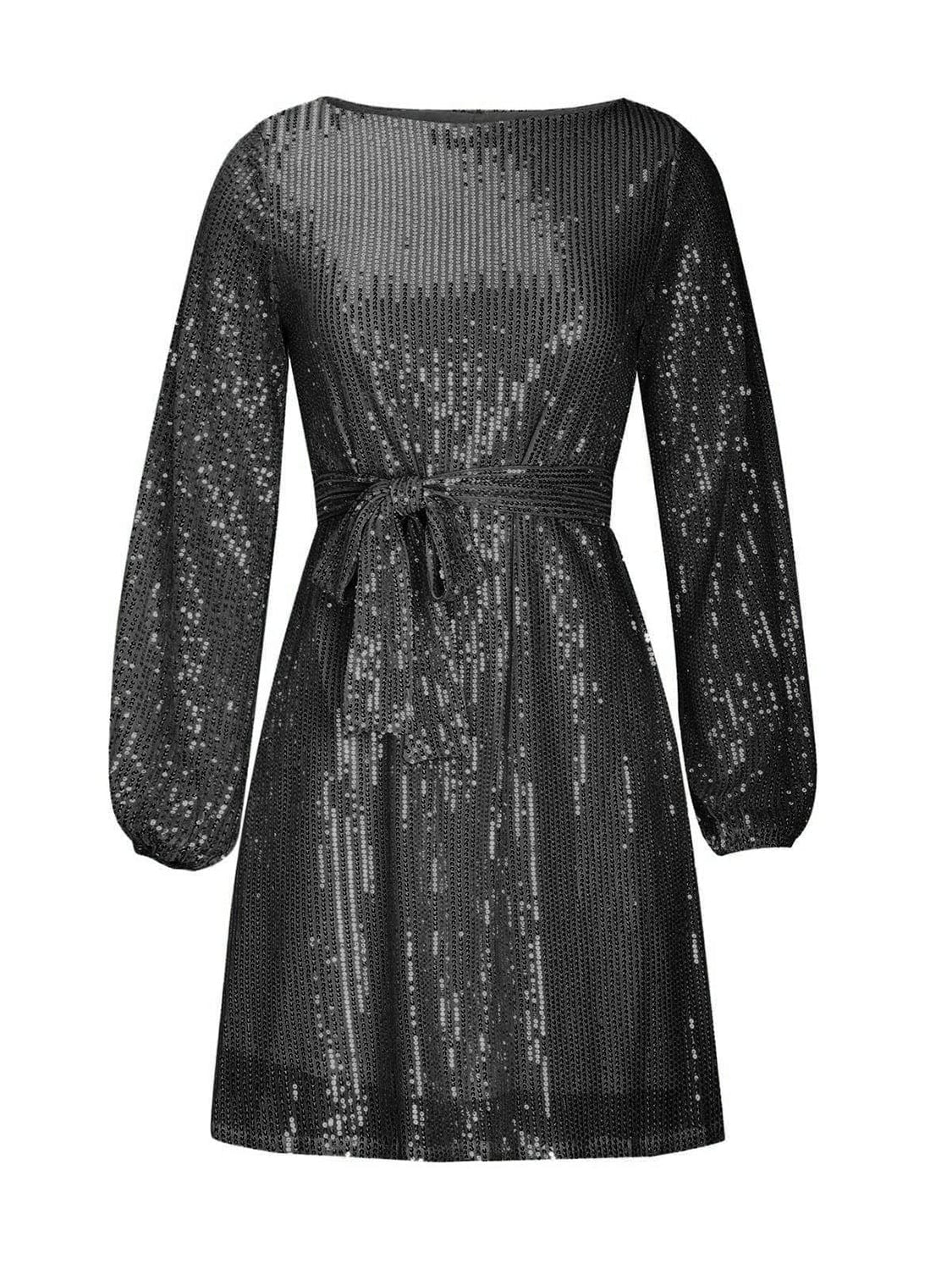 Nude Beige Sequin Tie Waist Long Sleeve Mini Party Club Dress - Image 12