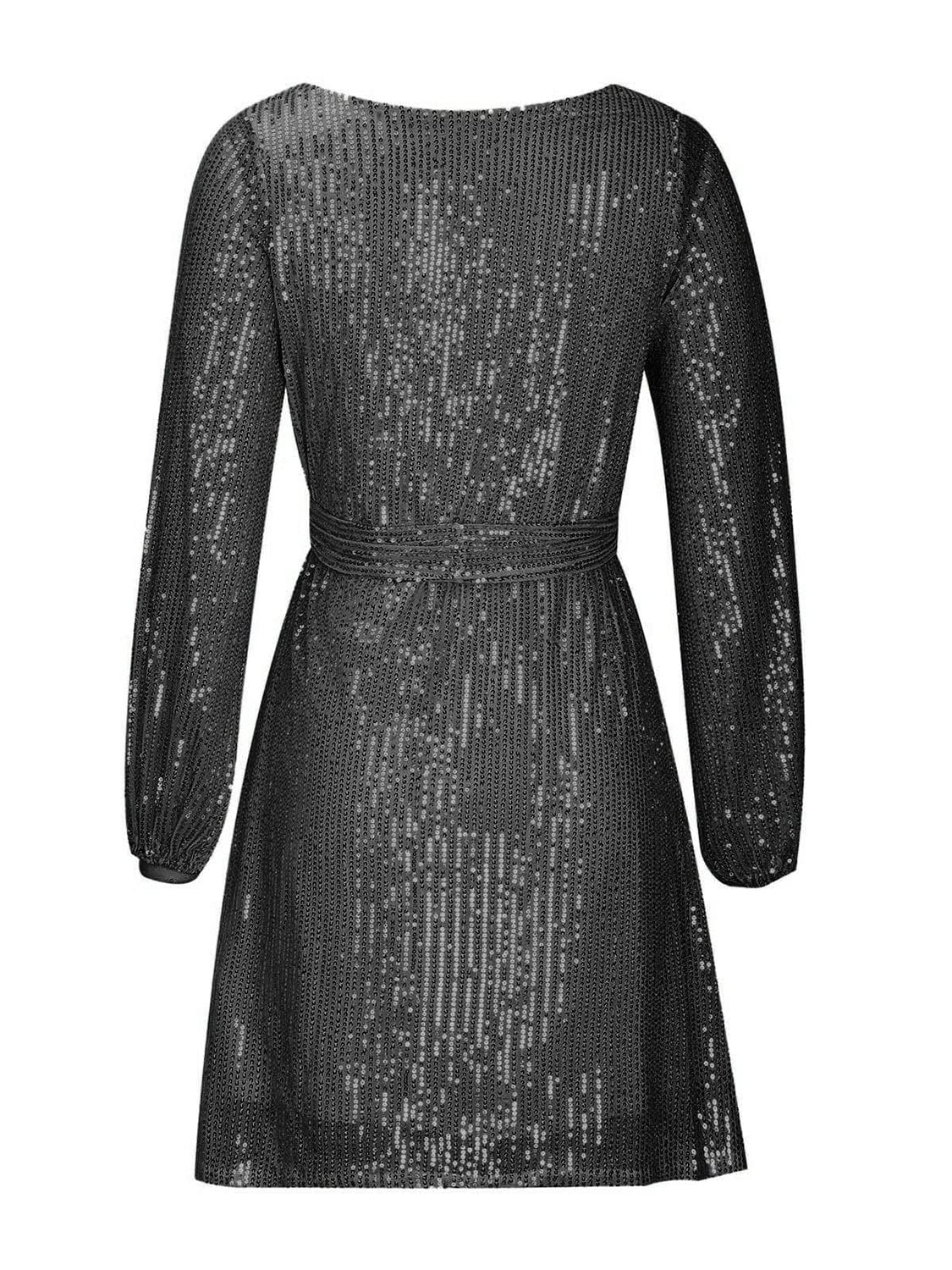 Nude Beige Sequin Tie Waist Long Sleeve Mini Party Club Dress - Image 13