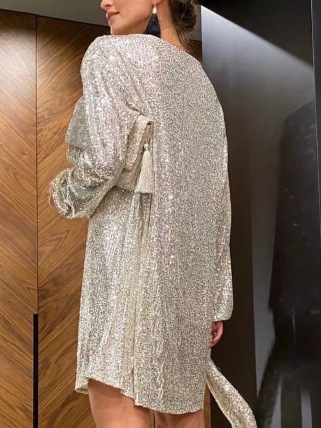 Nude Beige Sequin Tie Waist Long Sleeve Mini Party Club Dress - Image 2