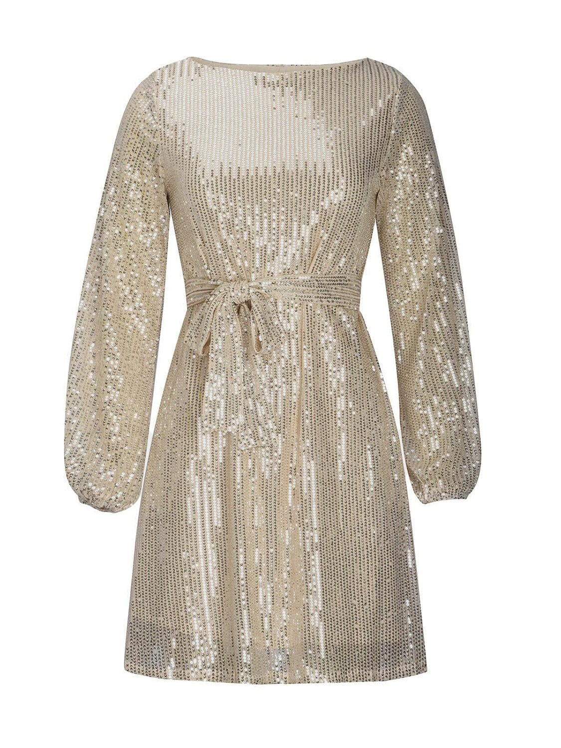 Nude Beige Sequin Tie Waist Long Sleeve Mini Party Club Dress - Image 3