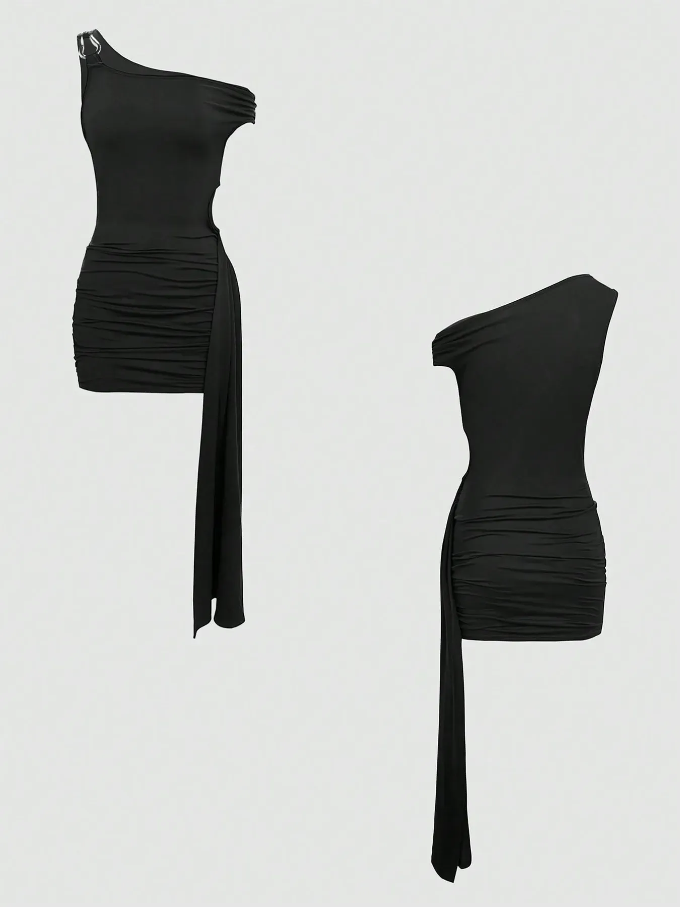 Black Cutout Asymmetrical Shoulder Mini Dress - Image 8
