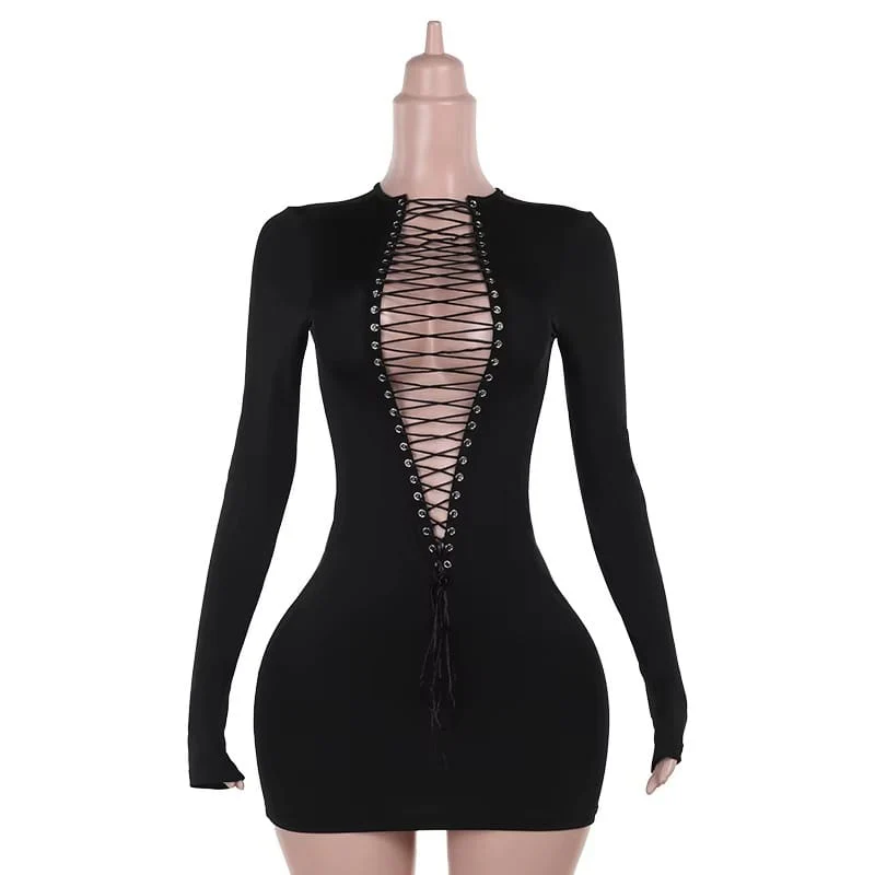 Black Deep Plunge Lace Up Long Sleeve Mini Dress - Image 3