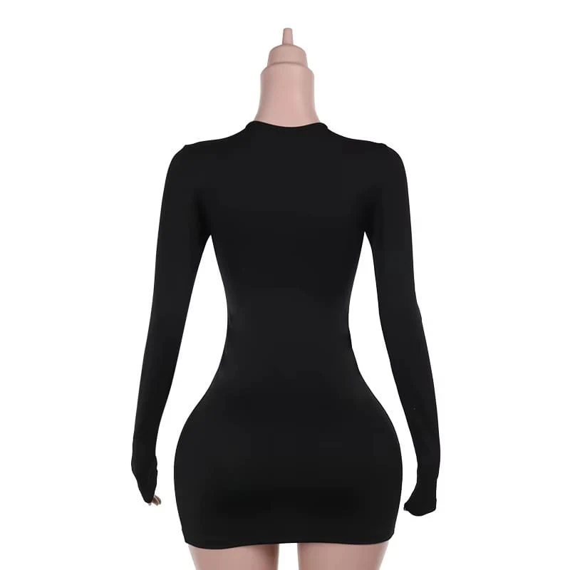 Black Deep Plunge Lace Up Long Sleeve Mini Dress - Image 4