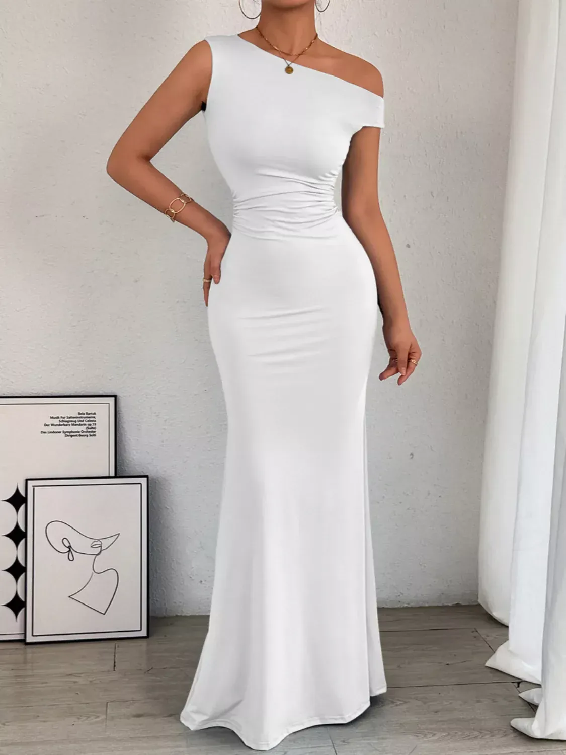 Black One-Shoulder Ruched Bodycon Maxi Dress - Image 15