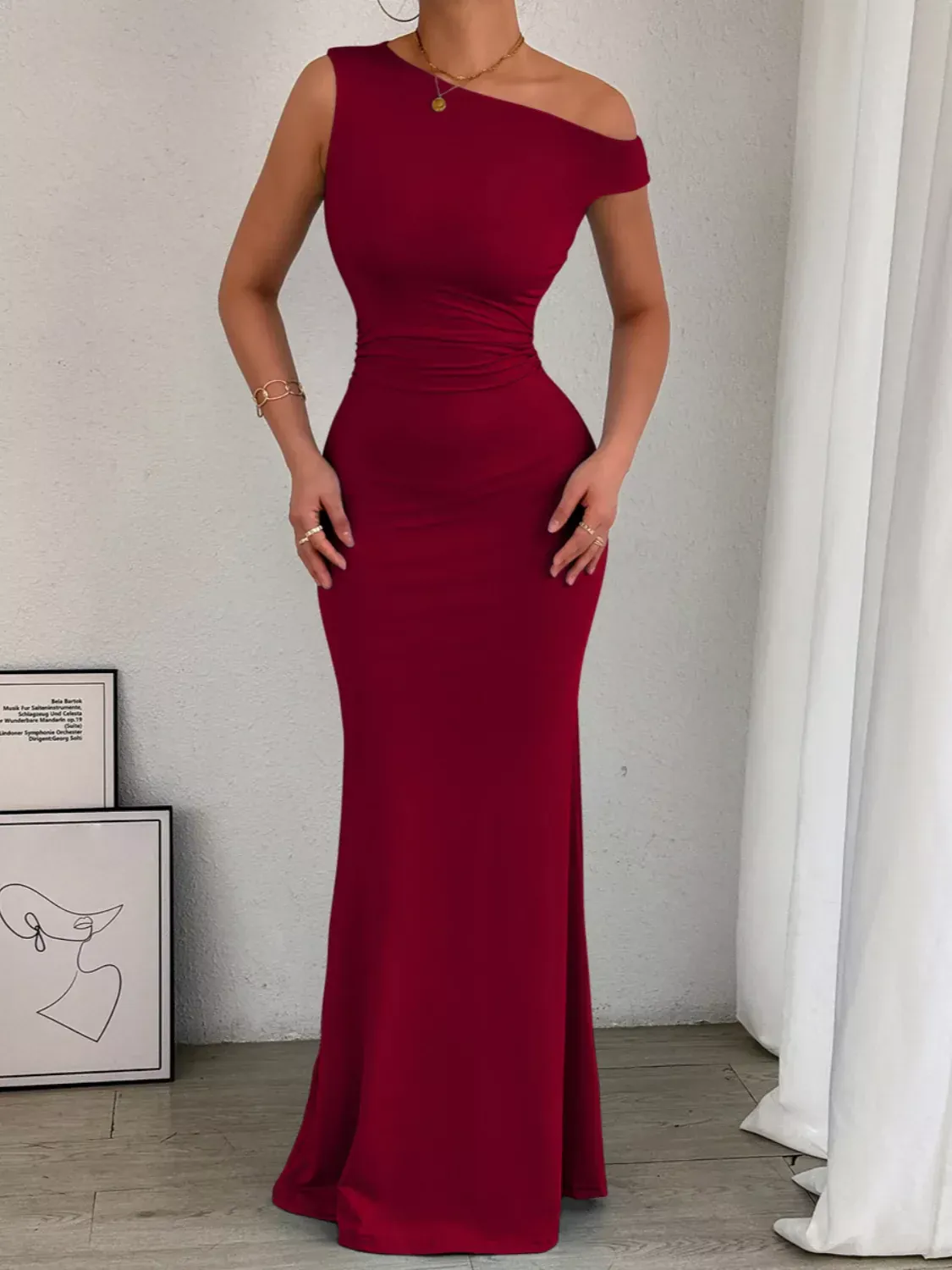 Black One-Shoulder Ruched Bodycon Maxi Dress - Image 20