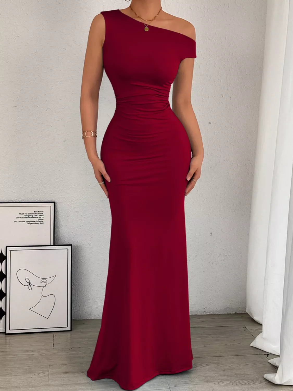 Black One-Shoulder Ruched Bodycon Maxi Dress - Image 21
