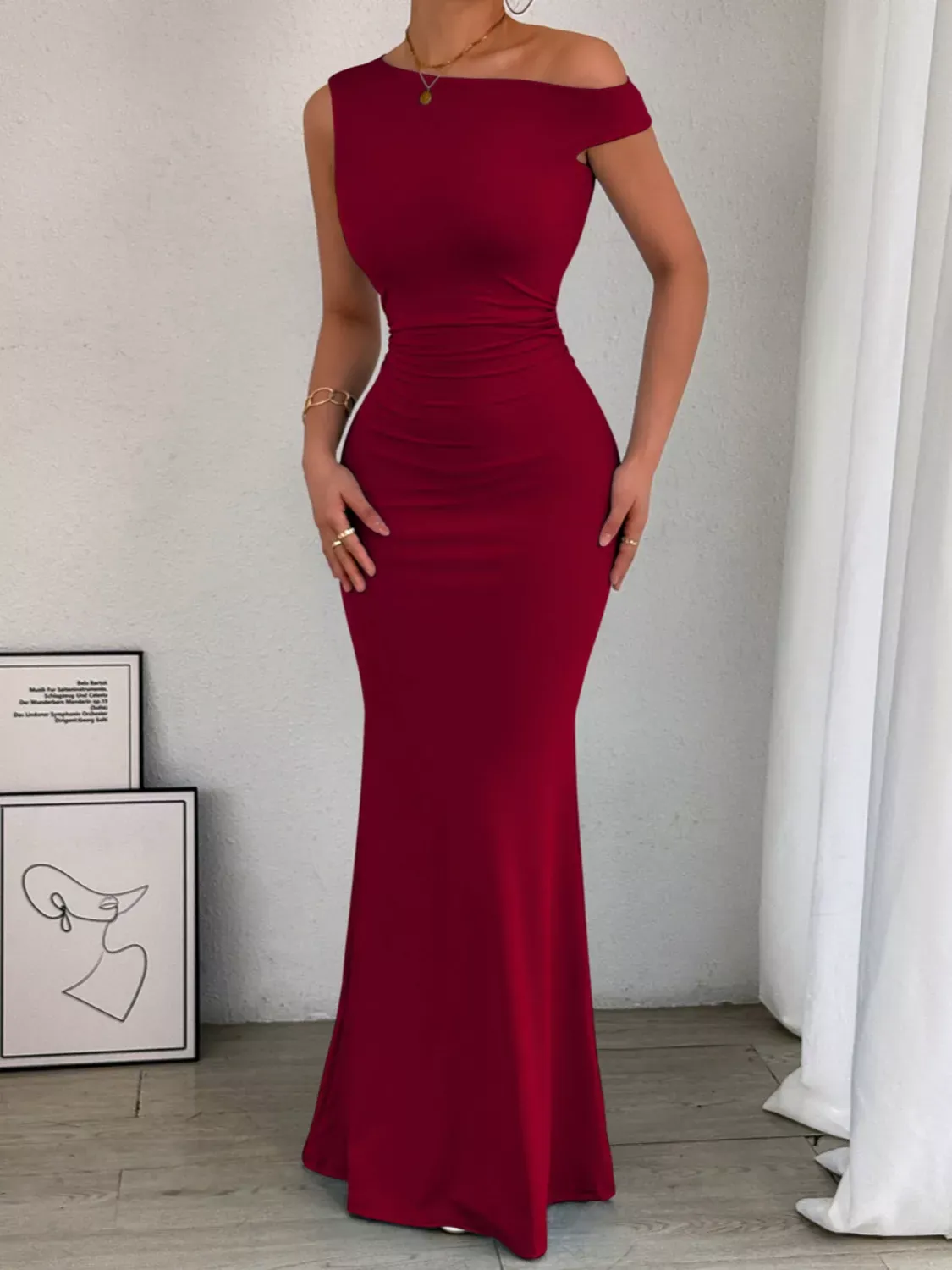 Black One-Shoulder Ruched Bodycon Maxi Dress - Image 22