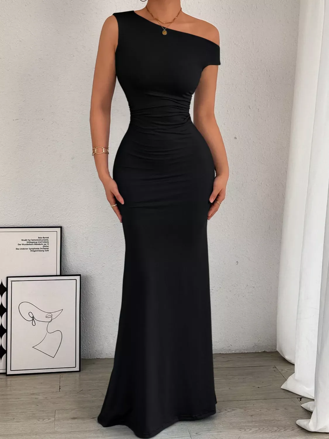 Black One-Shoulder Ruched Bodycon Maxi Dress - Image 9