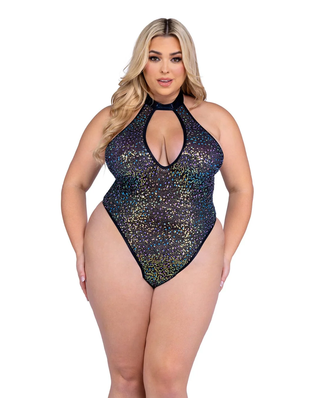 Sexy Black Sequin Fishnet Keyhole Romper - Image 3