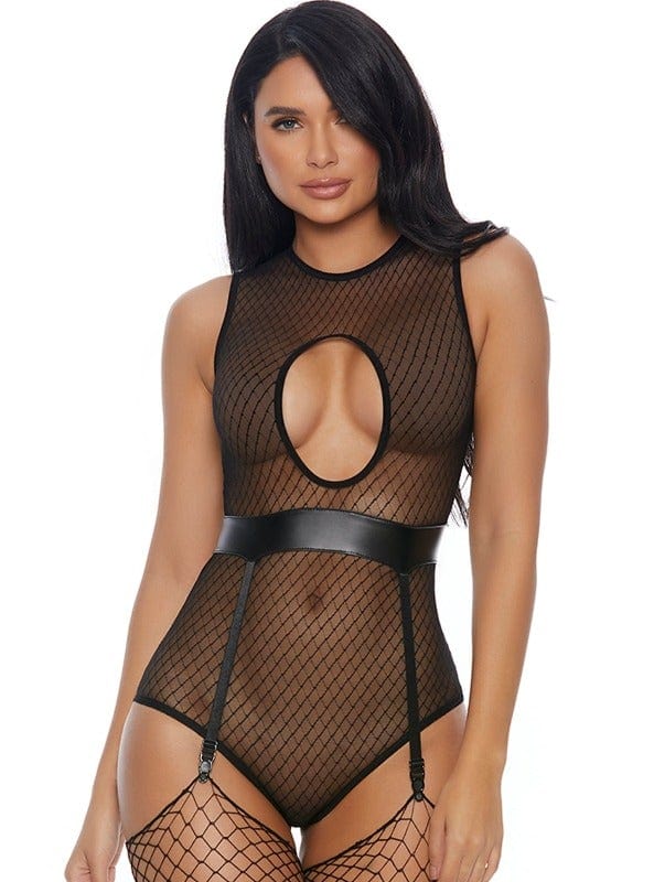 Sexy Black Sheer Keyhole Teddy Lingerie w/ Garter Belt