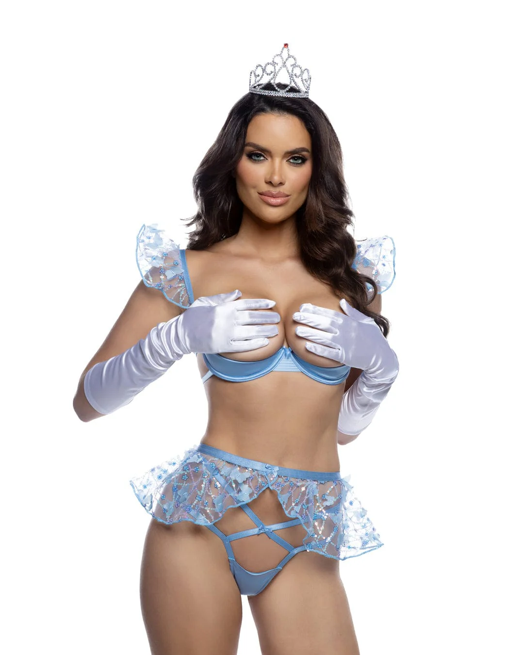 Blue Satin Vixen Sequin Mesh Shelf Cup Underwire Bra, G-String Thong & Peplum Skirt Costume Lingerie