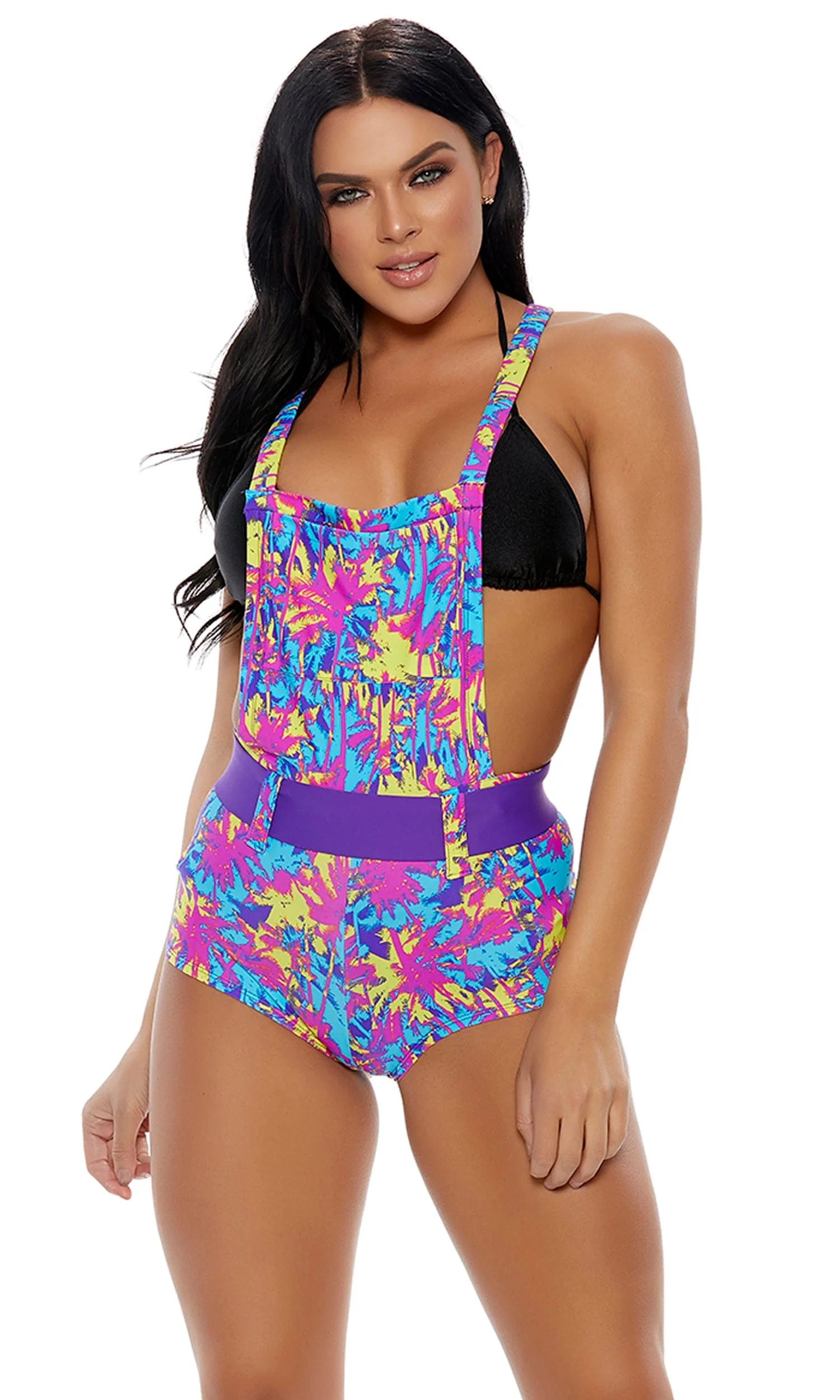 Pink Palm Tree Print Festival Dance Overall Outfit