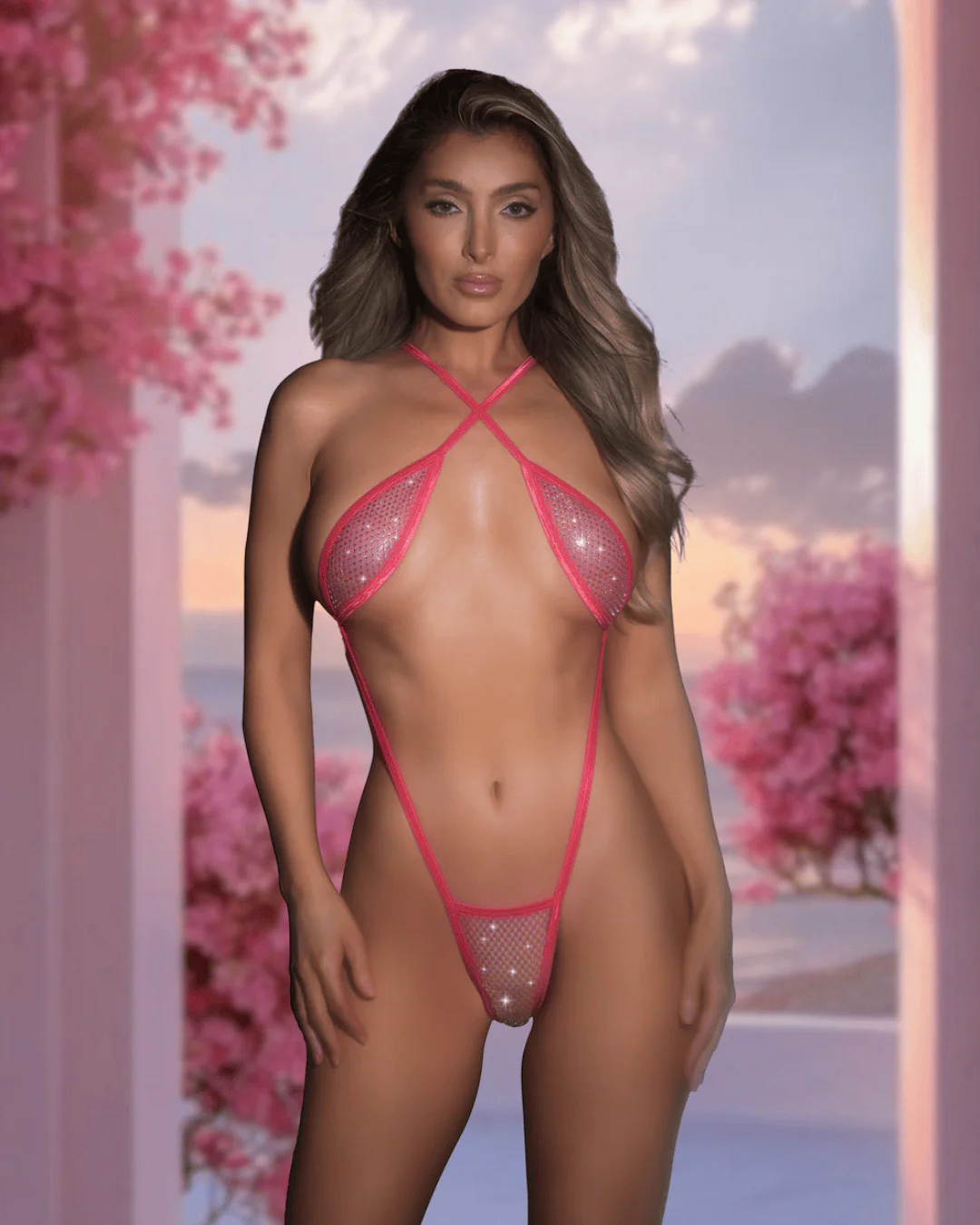 Sexy Pink Fishnet Rhinestone Sparkle Micro Slingshot G-String Thong Teddy