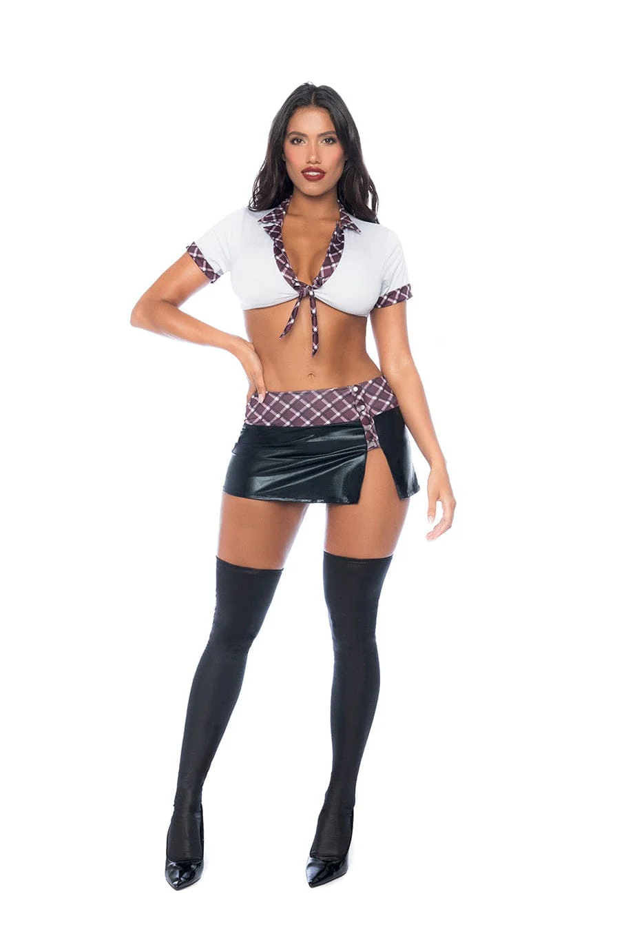 Plus Size Sexy Plaid School Girl White Front Tie Crop Top & Wet Look Mini Skirt Cosplay Costume - Image 3