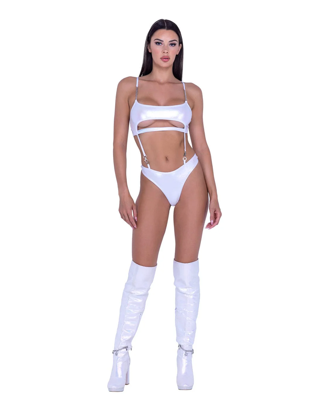 Sexy White Metallic Iridescent Underboob Romper