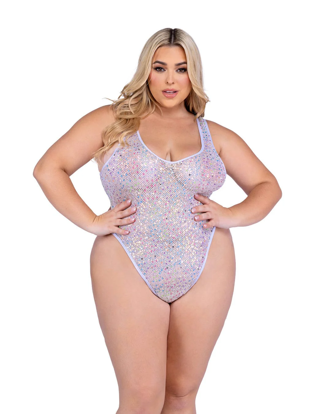 Sexy White Sequin Fishnet Romper Rave Wear - Image 3