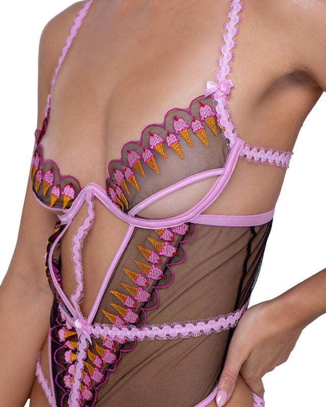Sheer Black & Pink Trim Strawberry Sherbet Teddy Lingerie - Image 3