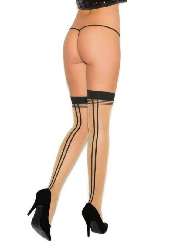 Sheer Multiple Stripe Top Thigh High Stocking w/ Double Back Seam - Image 2