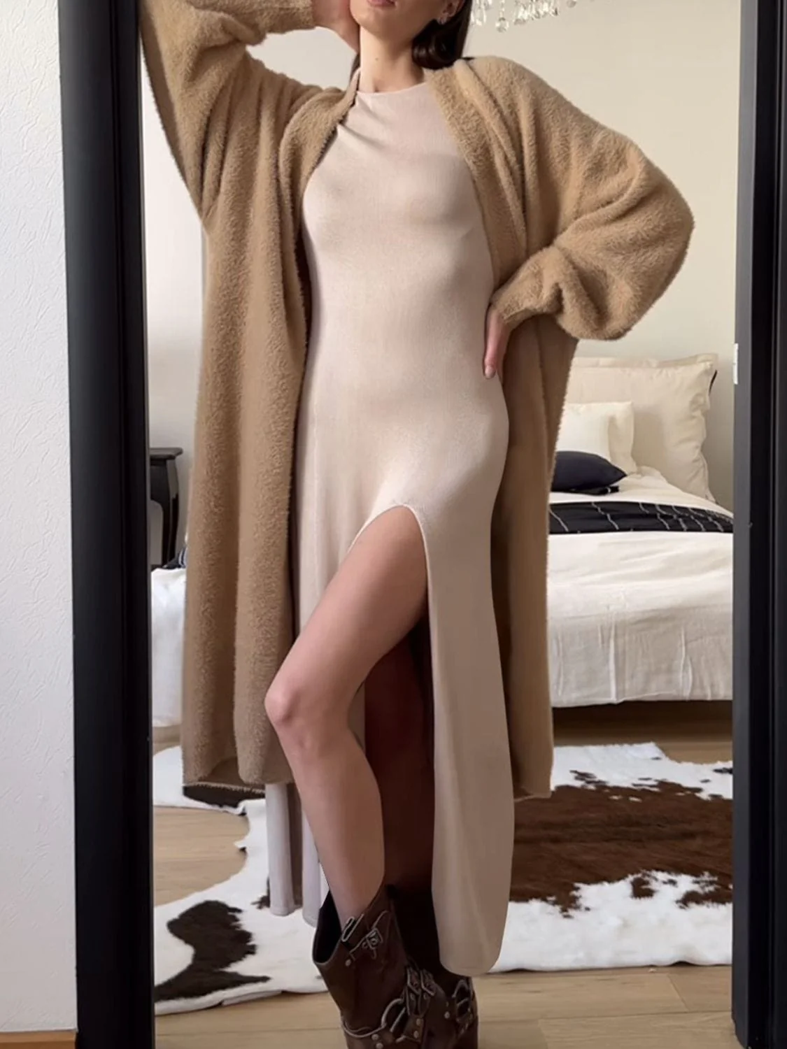 Nude Side Slit Round Neck Long Sleeve Party Evening Long Dress - Image 2