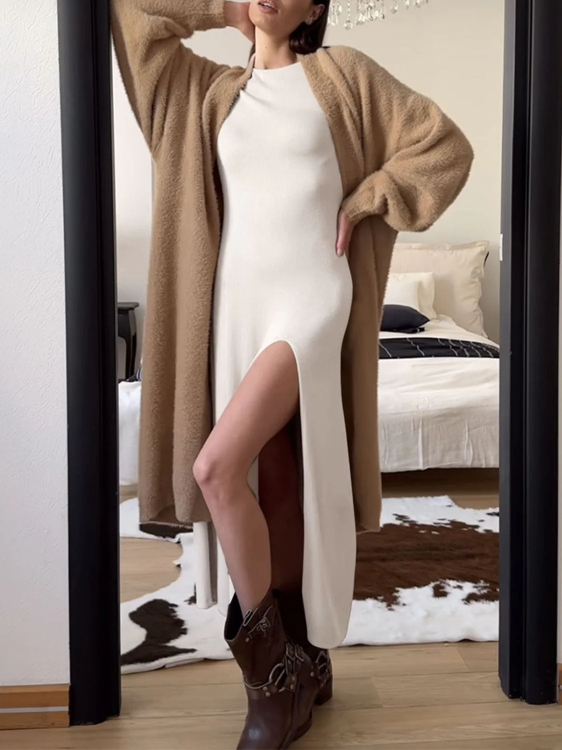 Nude Side Slit Round Neck Long Sleeve Party Evening Long Dress - Image 6