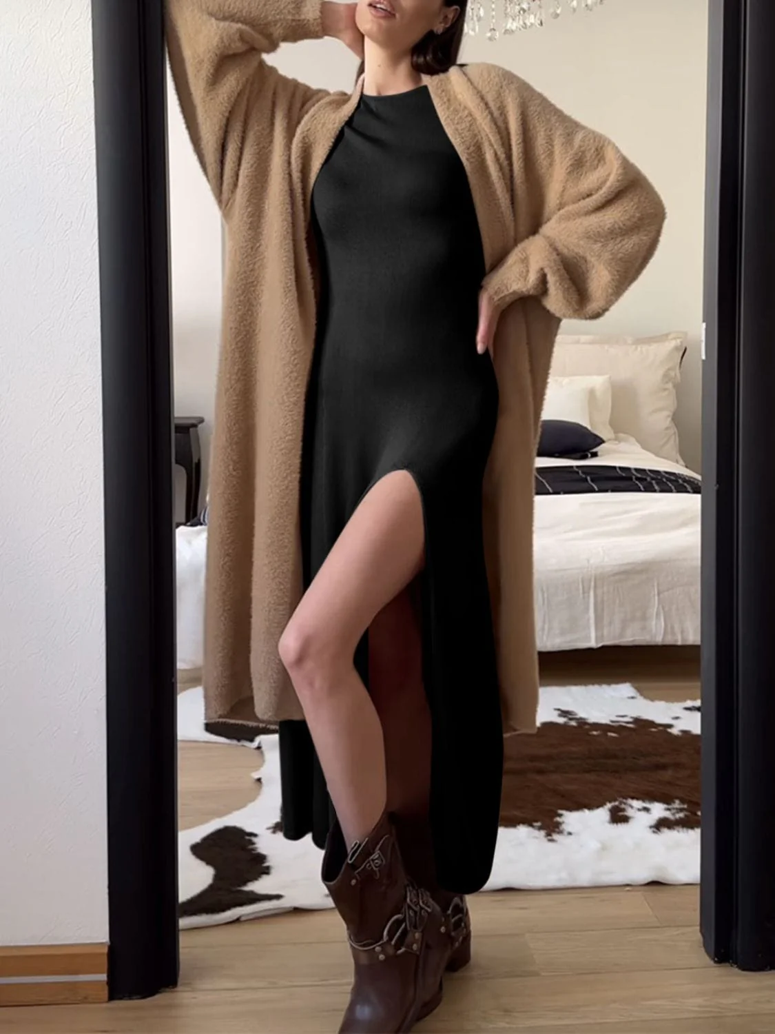 Nude Side Slit Round Neck Long Sleeve Party Evening Long Dress - Image 9