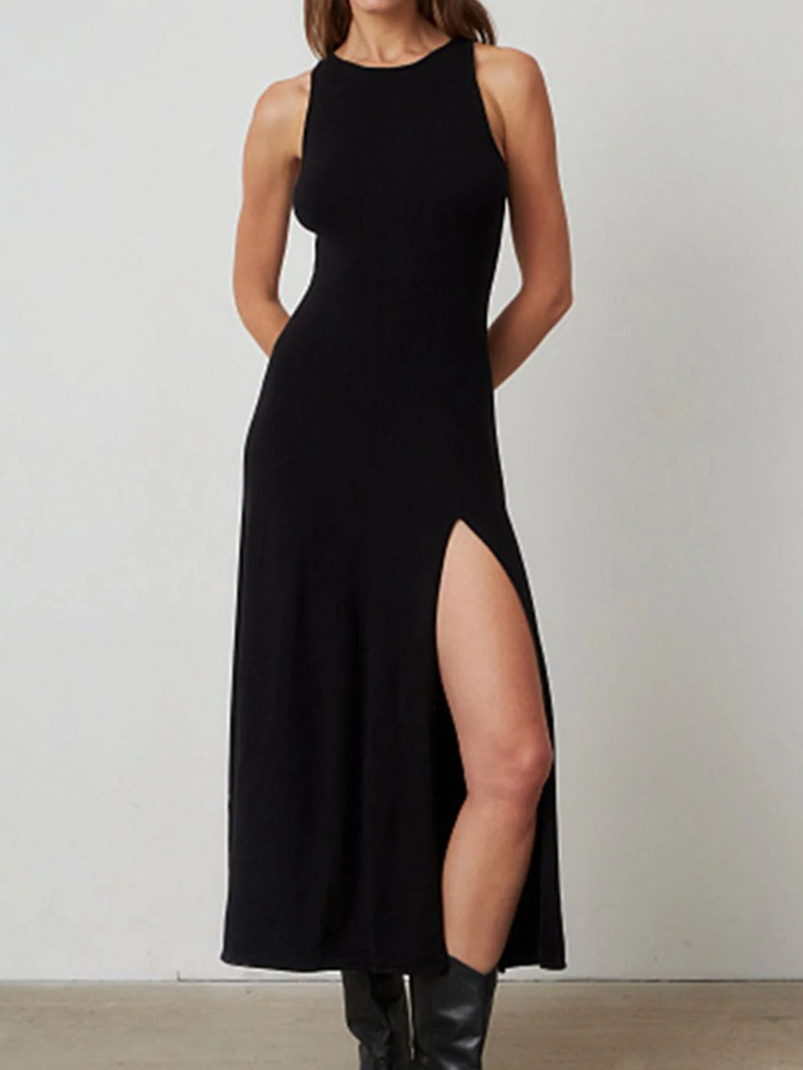 White Side Slit Round Neck Sleeveless Evening Party Dress - Image 7