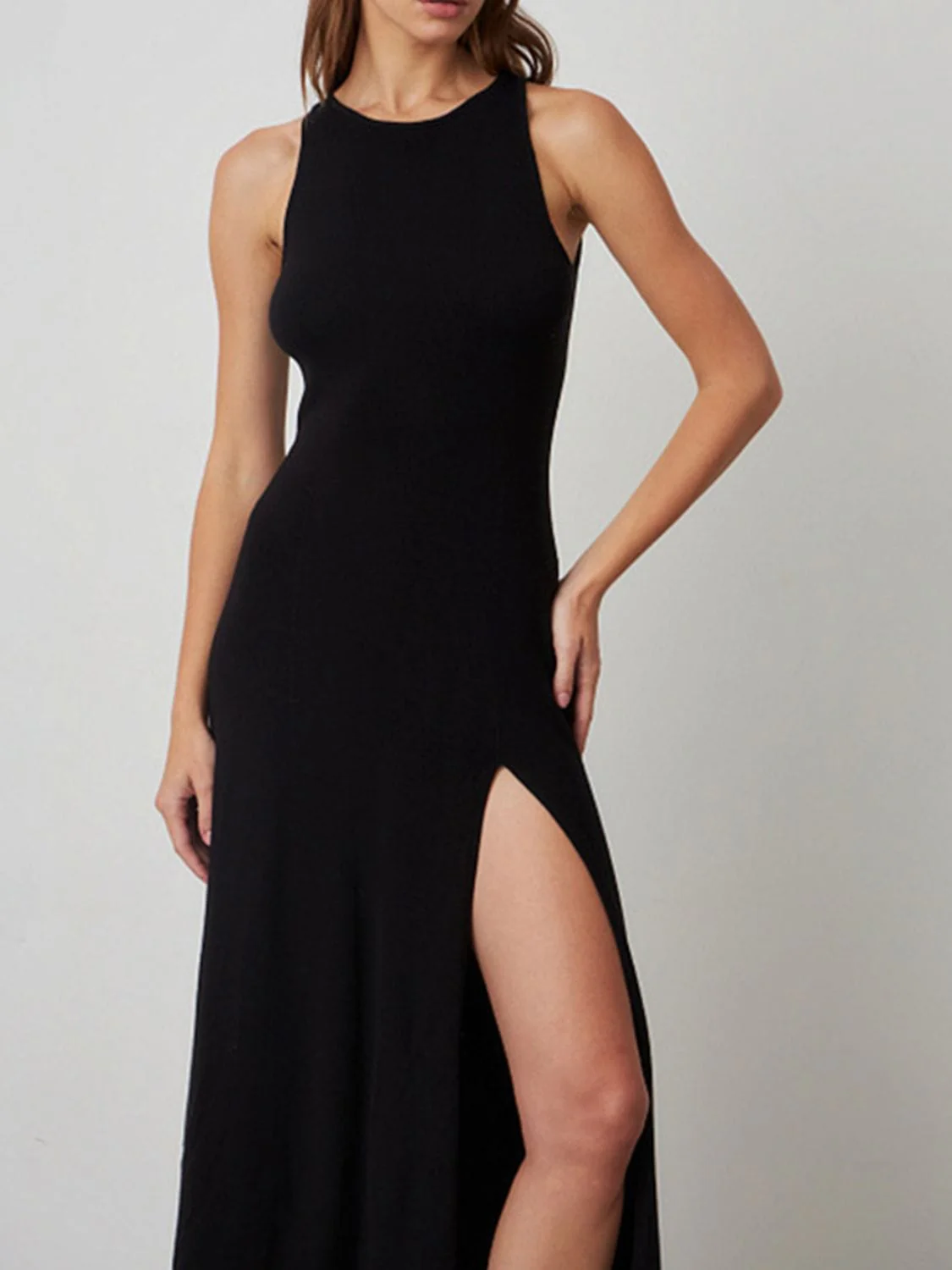 White Side Slit Round Neck Sleeveless Evening Party Dress - Image 8