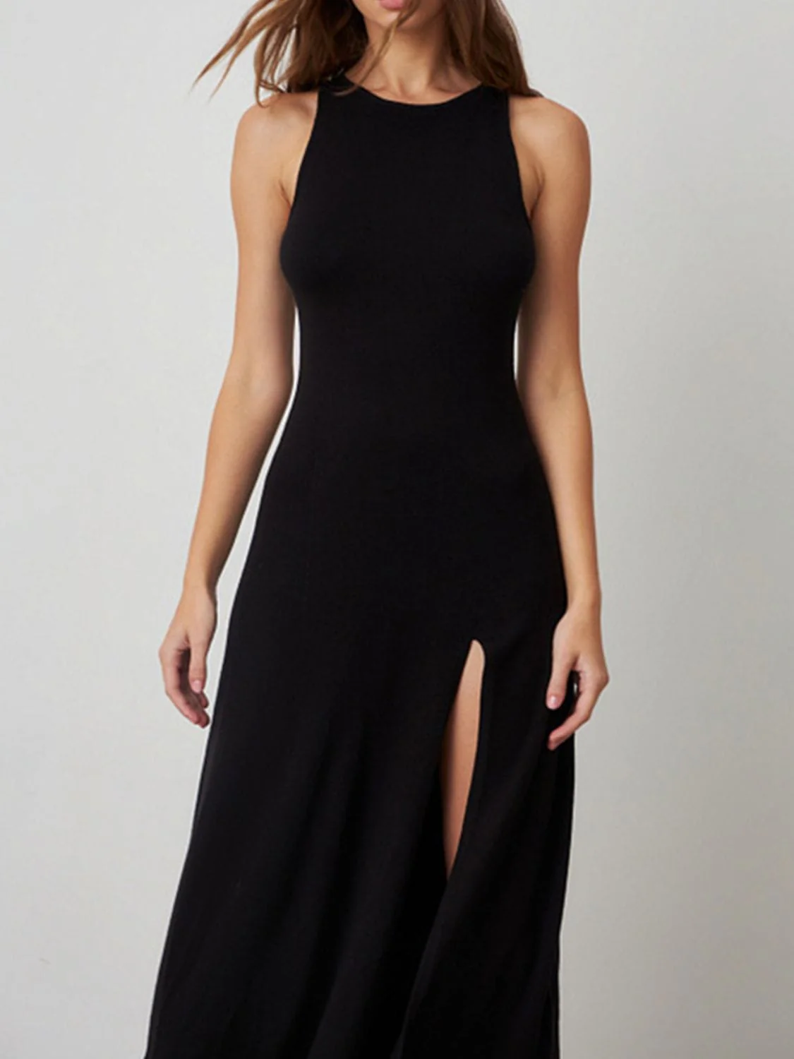 White Side Slit Round Neck Sleeveless Evening Party Dress - Image 9