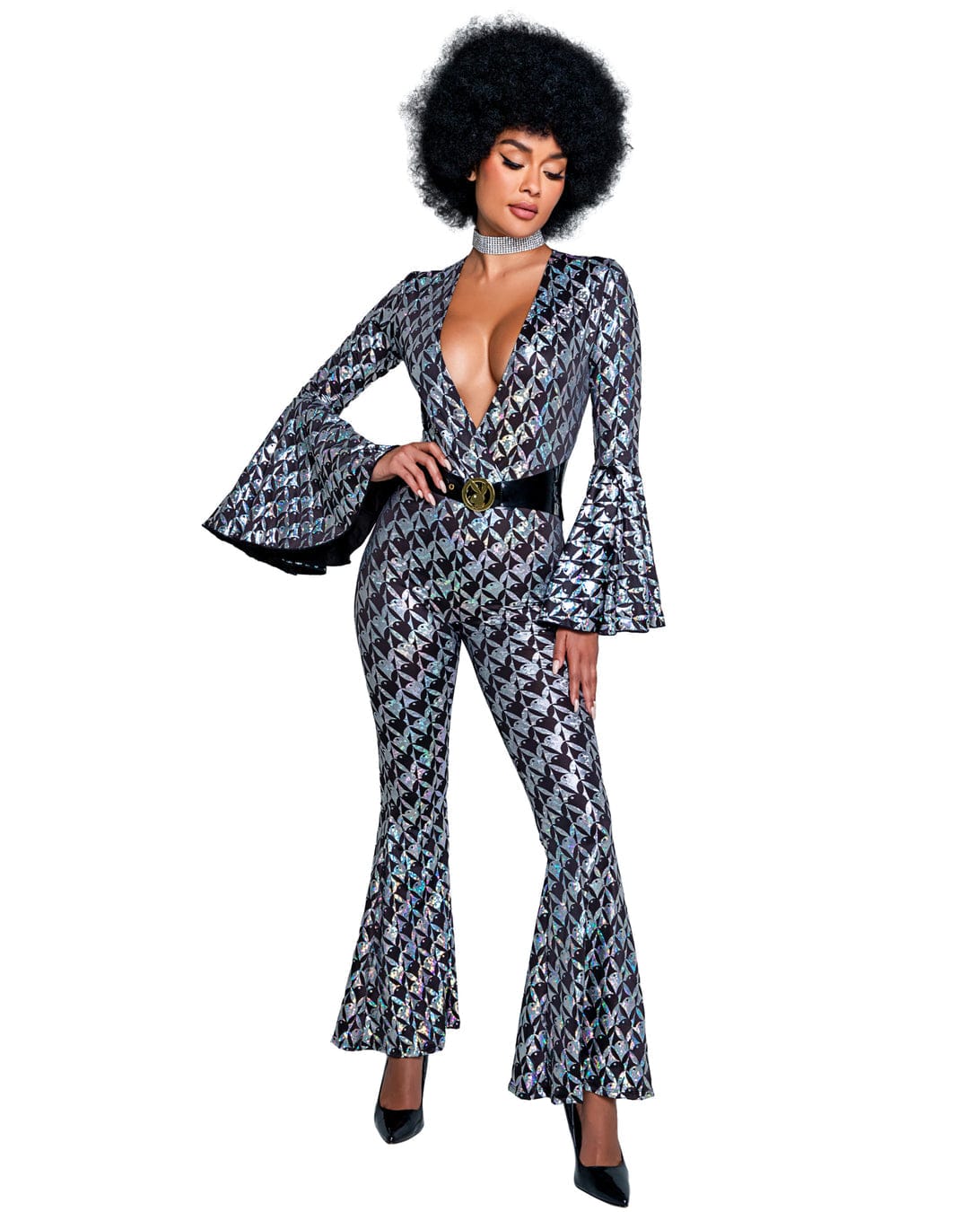 Silver Disco Fever Playboy Holographic Deep Plunge Bodysuit w/ Belt Cosplay Halloween Costume