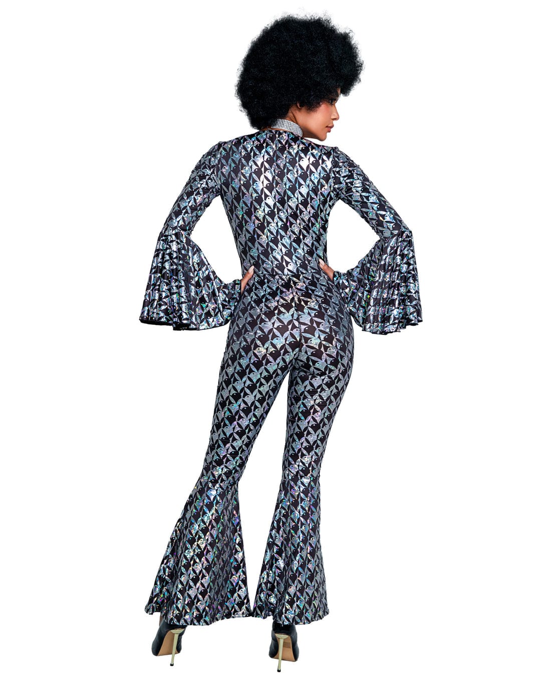 Silver Disco Fever Playboy Holographic Deep Plunge Bodysuit w/ Belt Cosplay Halloween Costume - Image 2