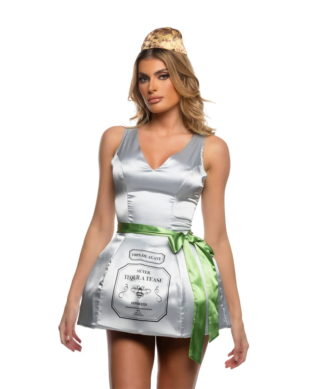 Silver Tequila Bottle Mini Dress, Sash, & Headpiece Halloween Cosplay Costume