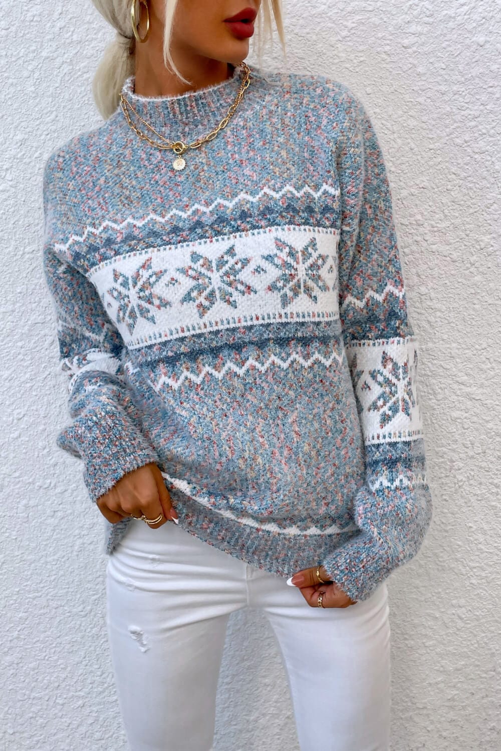 Cloudy Blue & White Snowflake Pattern Mock Neck Women's Sweater - Image 3