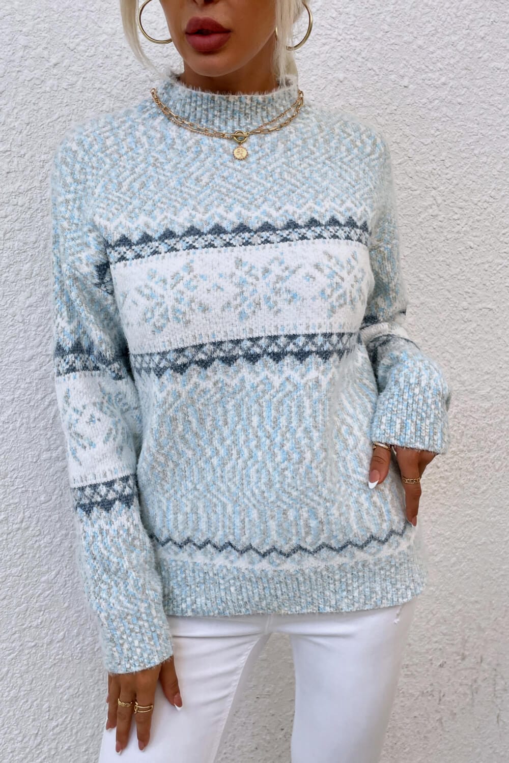 Cloudy Blue & White Snowflake Pattern Mock Neck Women's Sweater - Image 5