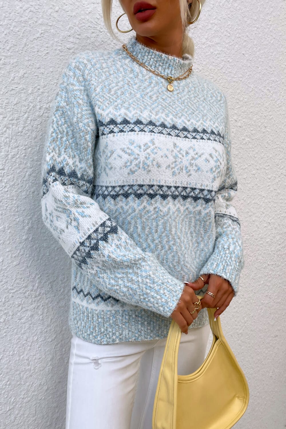 Cloudy Blue & White Snowflake Pattern Mock Neck Women's Sweater - Image 6