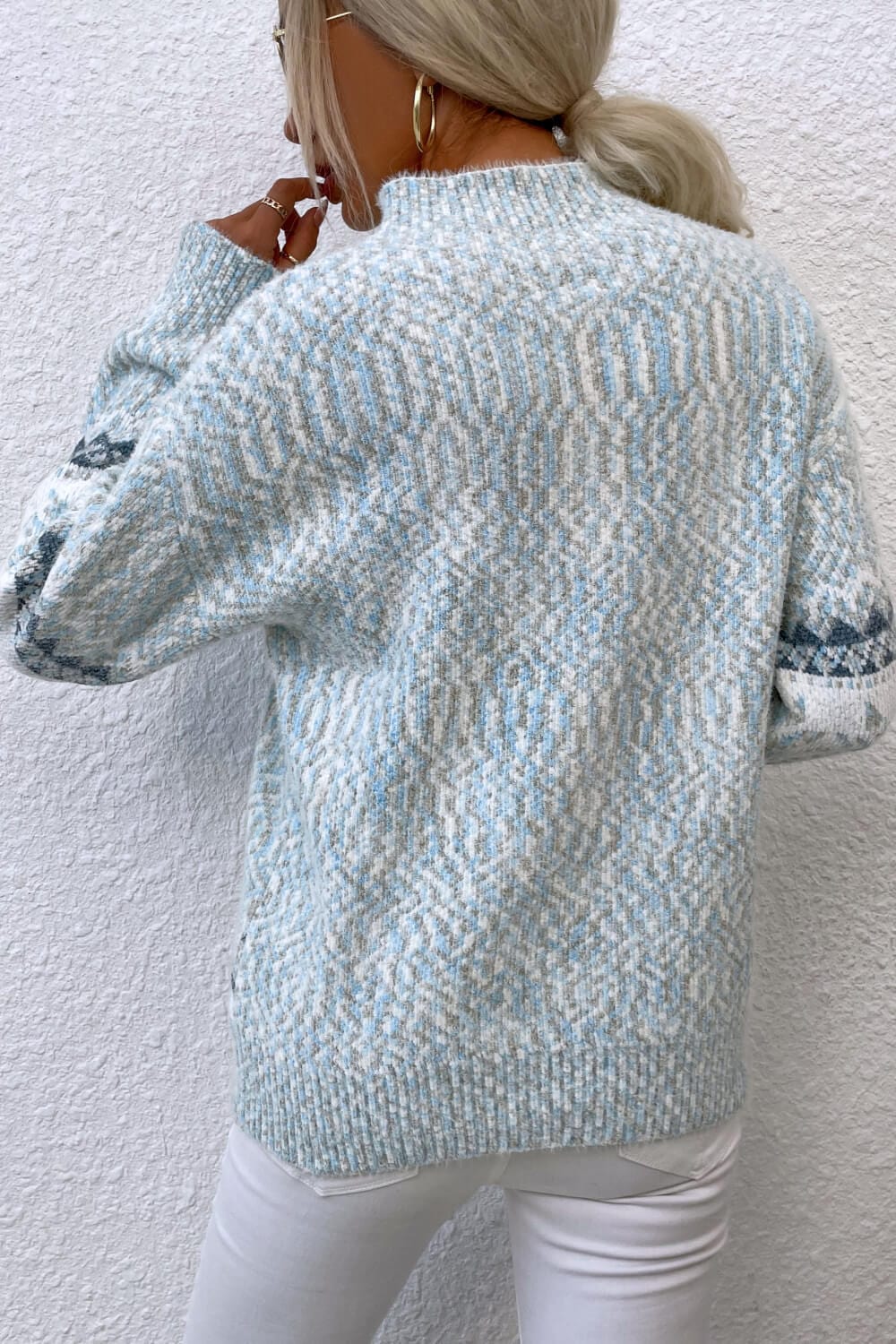 Cloudy Blue & White Snowflake Pattern Mock Neck Women's Sweater - Image 7