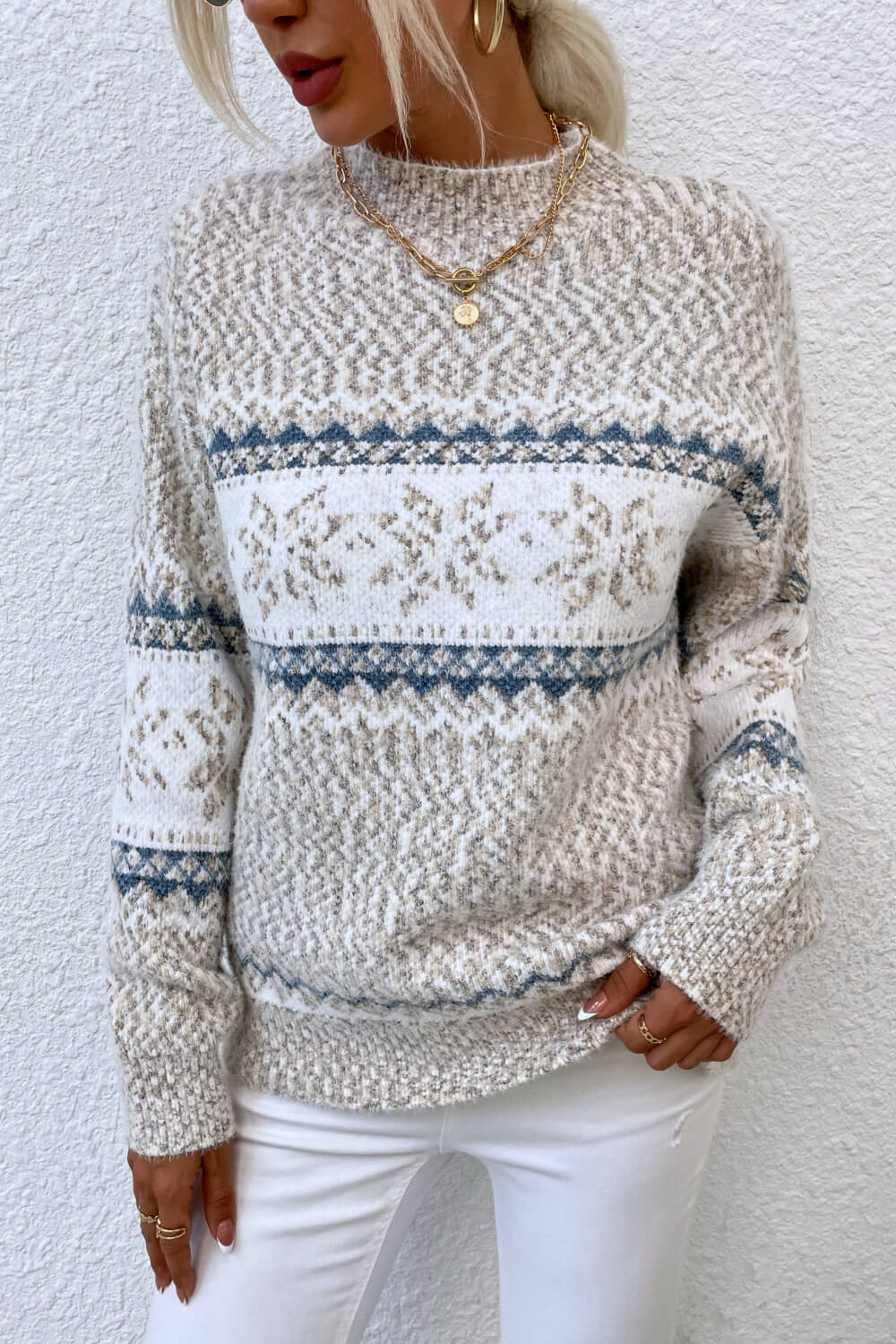 Cloudy Blue & White Snowflake Pattern Mock Neck Women's Sweater - Image 8