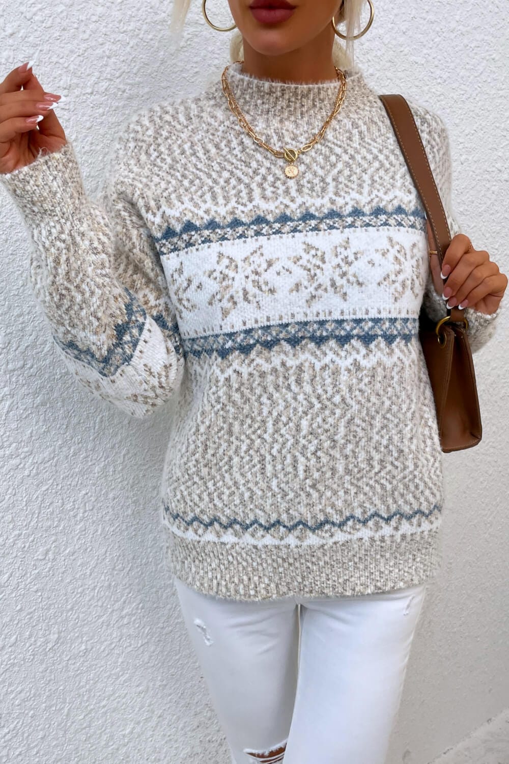 Cloudy Blue & White Snowflake Pattern Mock Neck Women's Sweater - Image 9