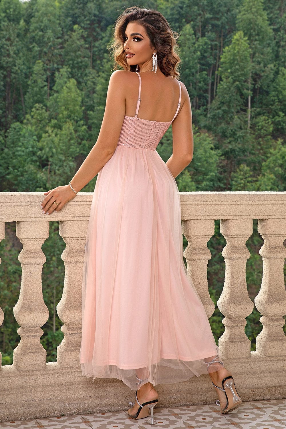 Turquoise Mesh Spaghetti Strap Maxi Dress w/ Slits - Image 9