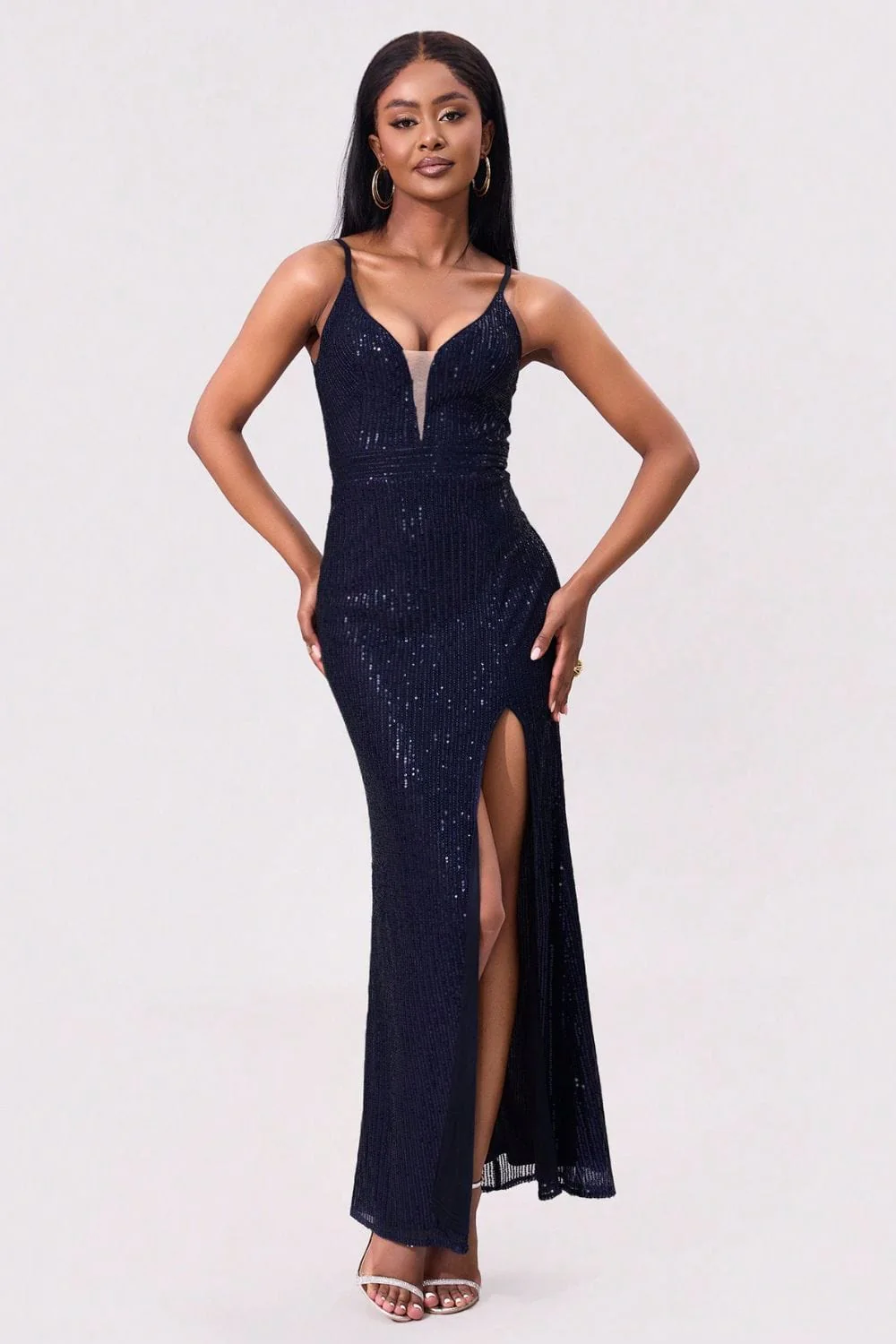 Navy Blue Split Sequin Backless Maxi Cami Evening Dress - Image 3