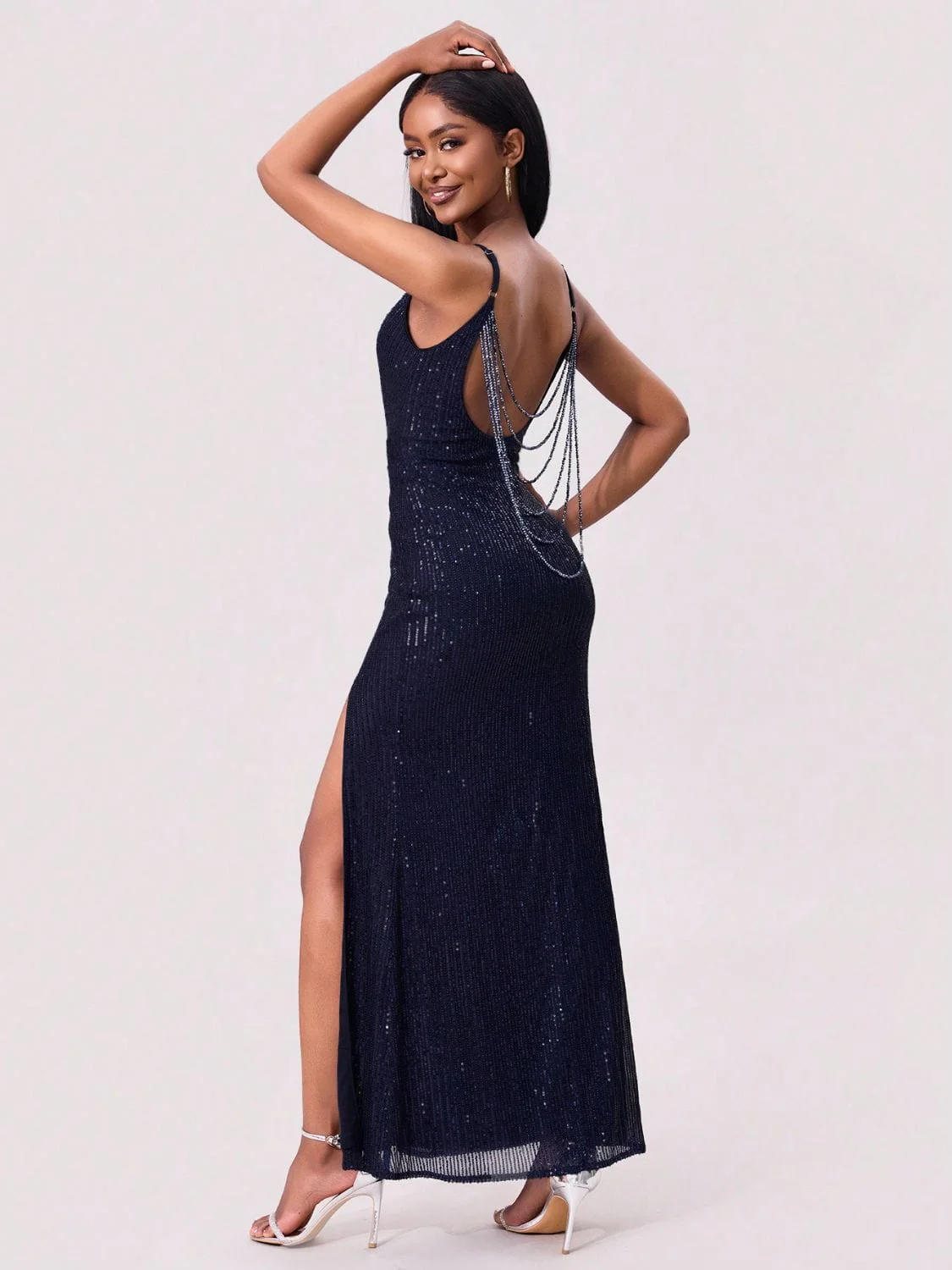 Navy Blue Split Sequin Backless Maxi Cami Evening Dress - Image 5