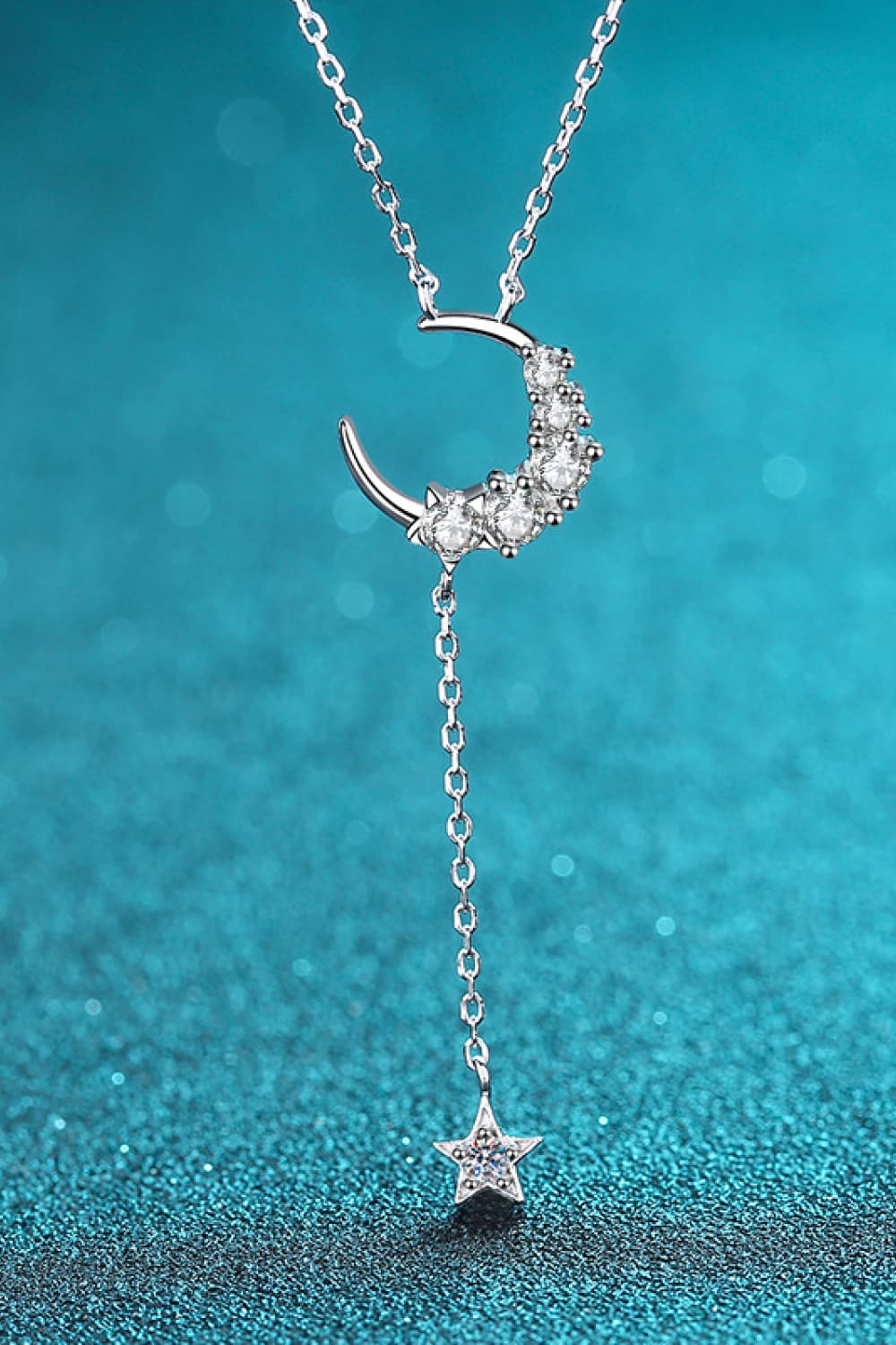 Star & Moon Moissanite Gem Stone Pendant Women's Silver Necklace