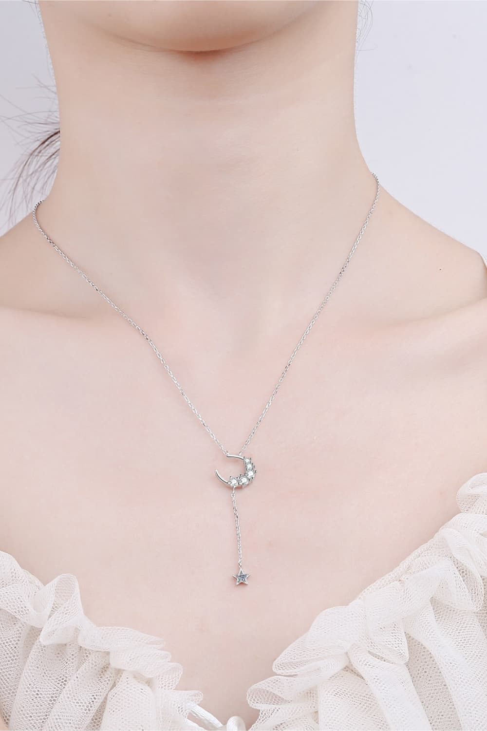 Star & Moon Moissanite Gem Stone Pendant Women's Silver Necklace - Image 2