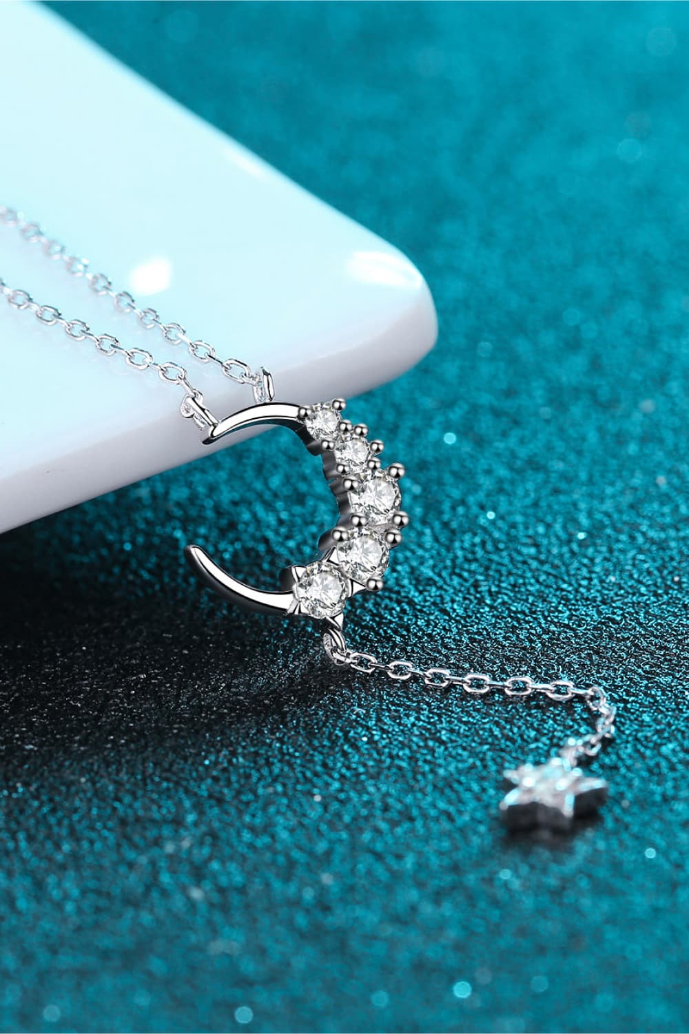 Star & Moon Moissanite Gem Stone Pendant Women's Silver Necklace - Image 5
