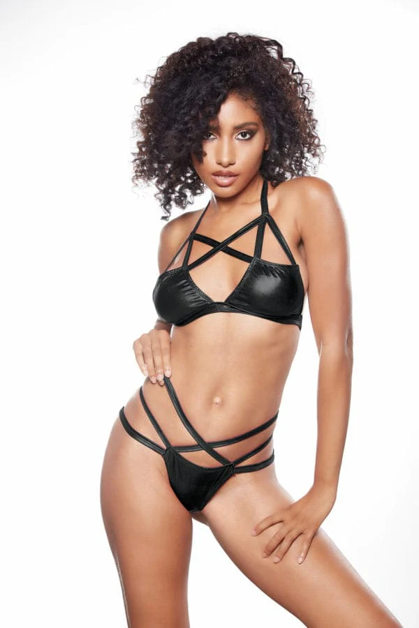 Sugar & Blush Black Criss Cross Bralette & Thong Set Lingerie
